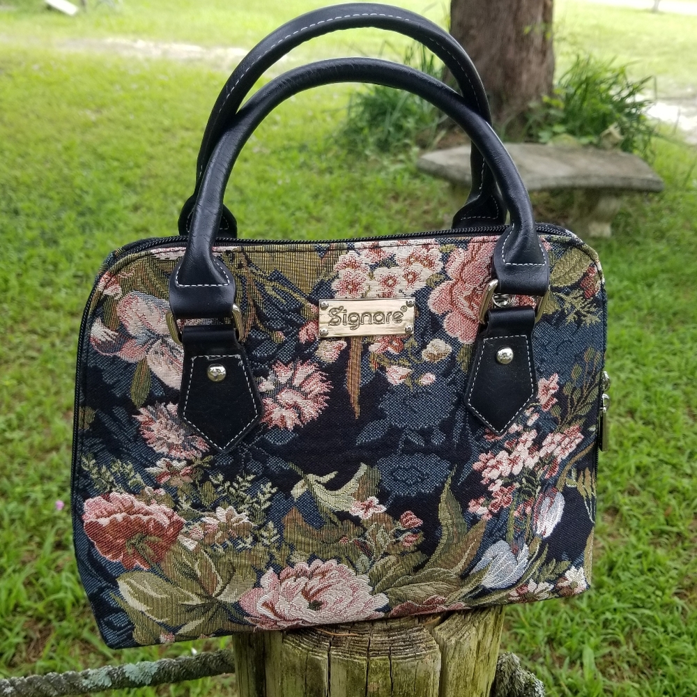 Floral Tapestry Satchel Bag - Navy Floral